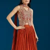 Rust Embellished Crop Top Skirt Set With Dupatta