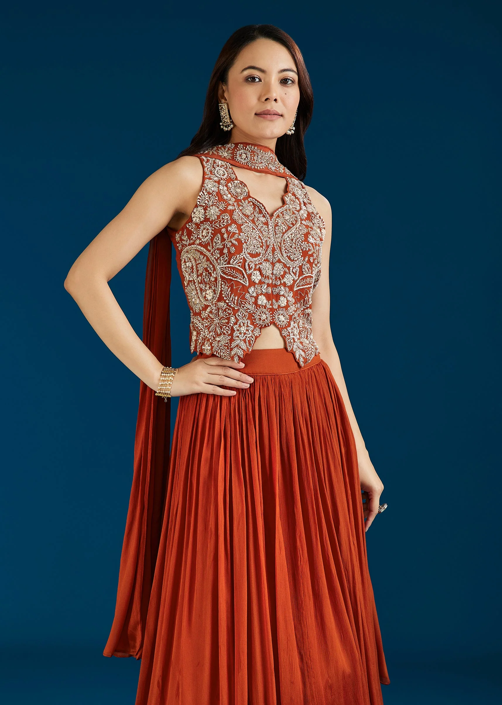 Rust Embellished Crop Top Skirt Set With Dupatta