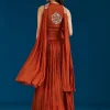 Rust Embellished Crop Top Skirt Set With Dupatta