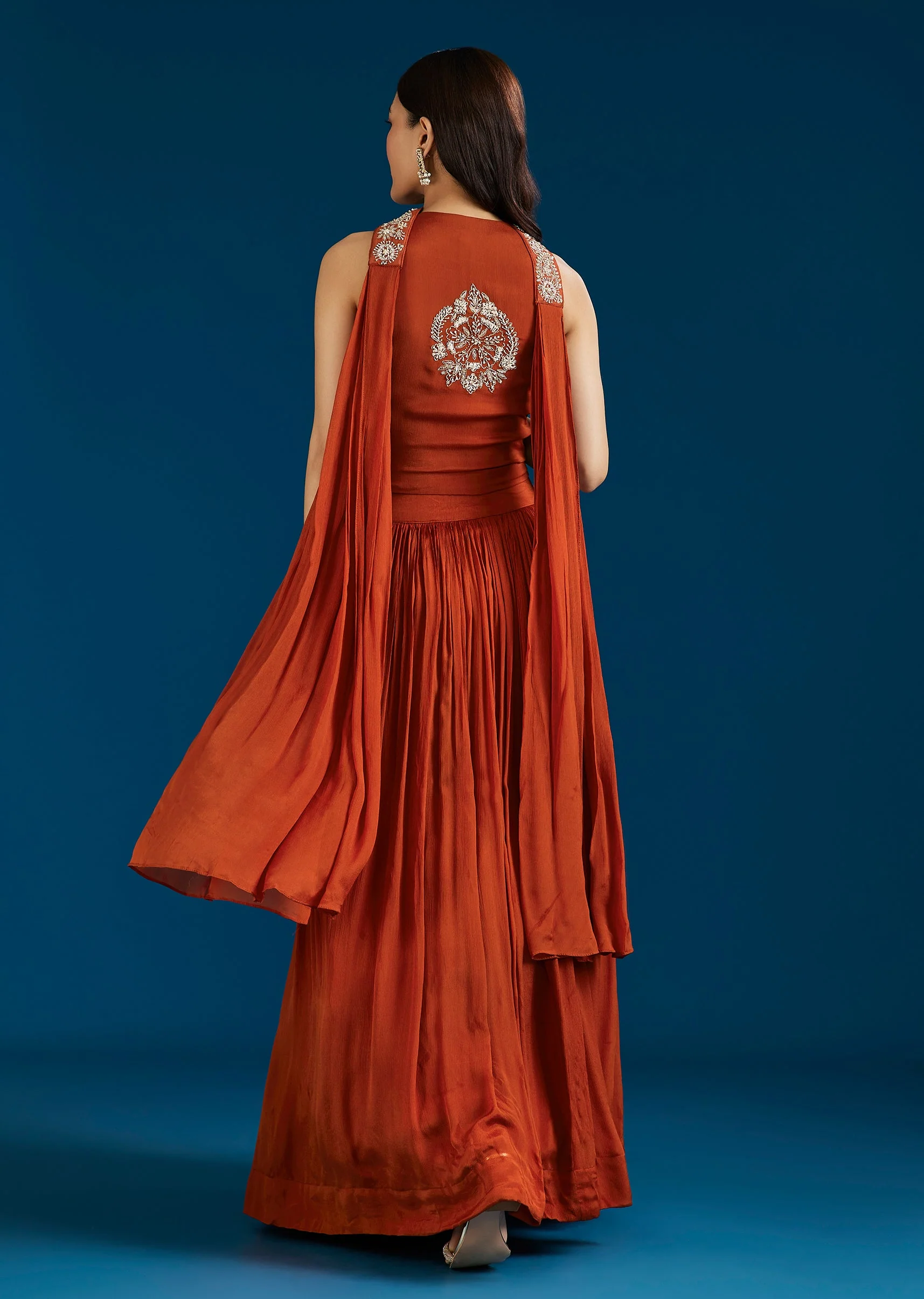 Rust Embellished Crop Top Skirt Set With Dupatta