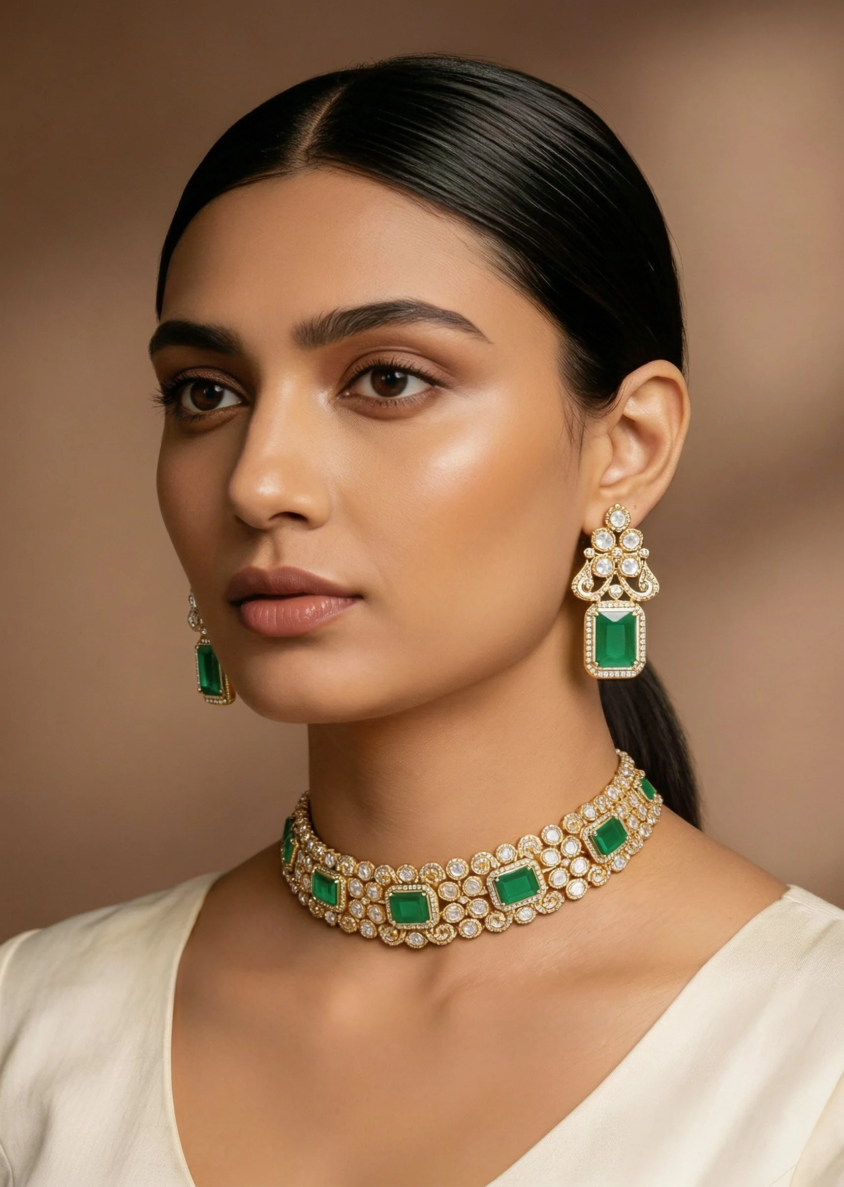 Green And Gold Geometric Pendant Necklace Set
