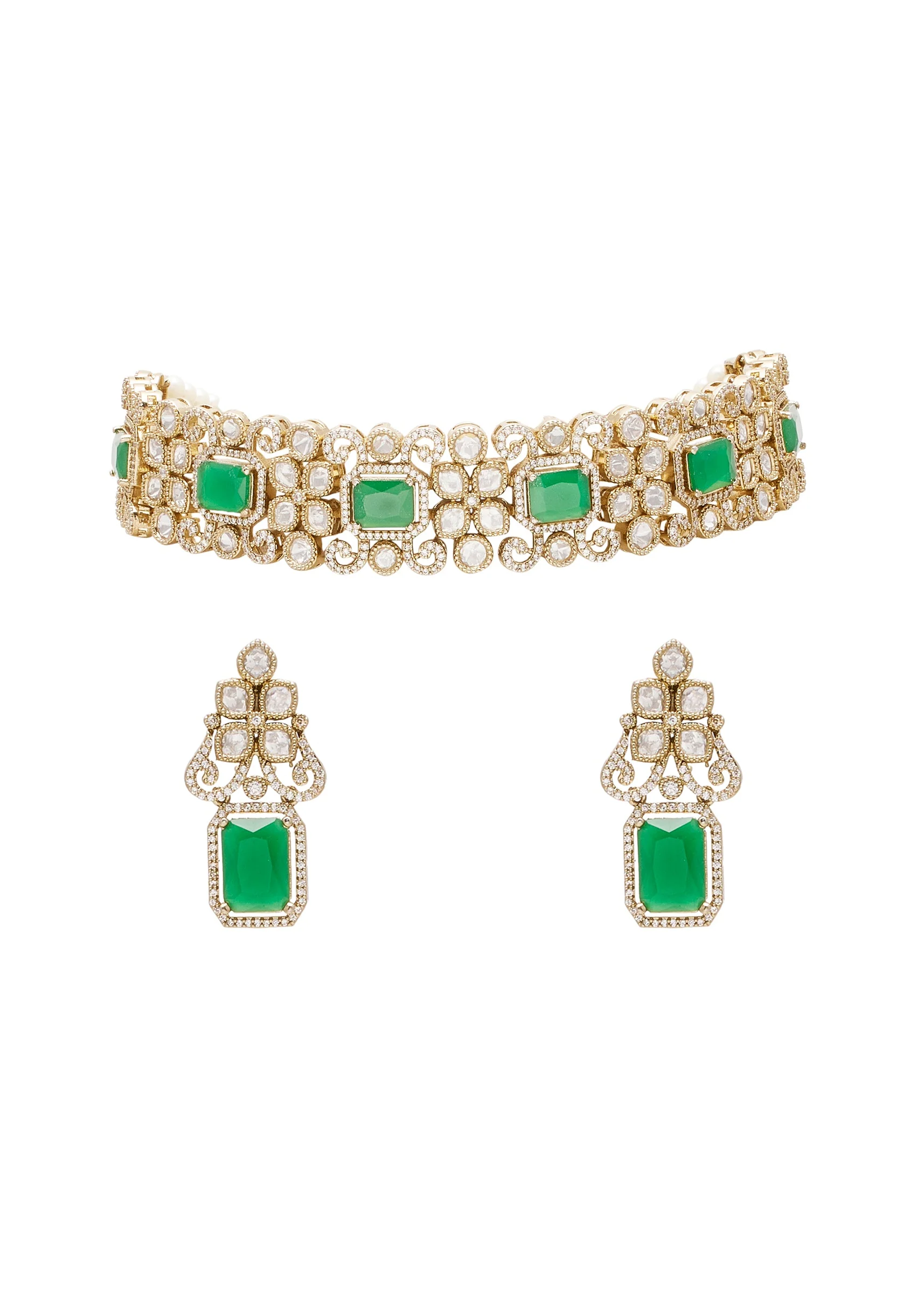 Green And Gold Geometric Pendant Necklace Set