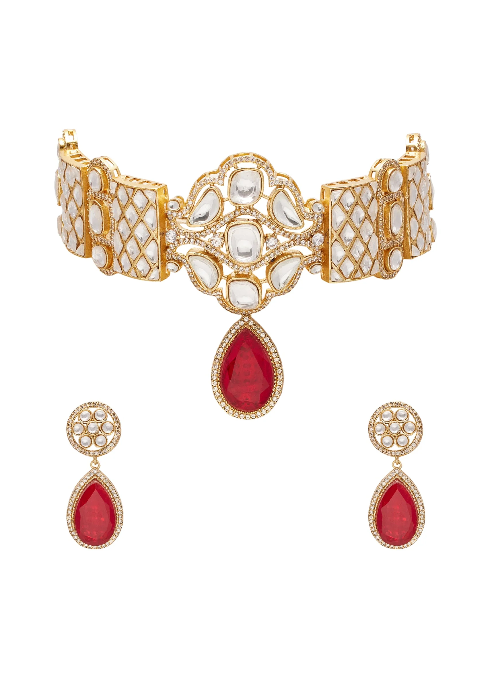 Red And Gold Teardrop Pendant Necklace Set