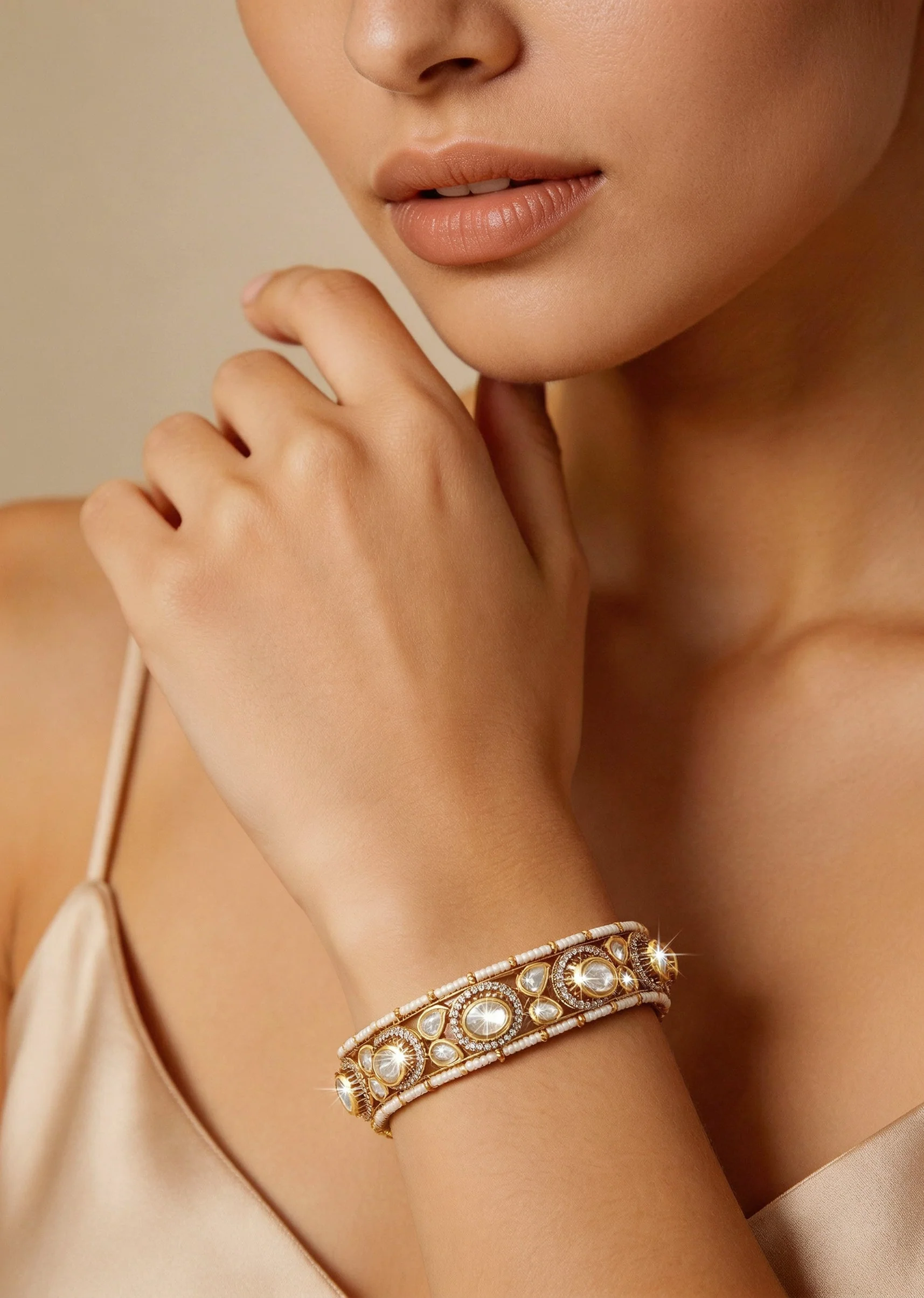 White And Gold Stone Encrusted Cutwork Bangle Set