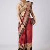 Red Geometric Block Printed Saree with Unstitched Blouse