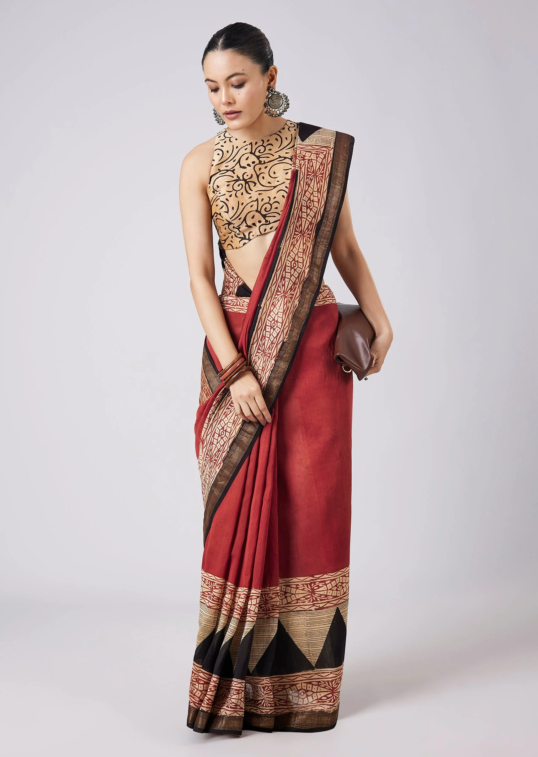 7801-red-geometric-block-printed-saree-with-unstitched-blouse-1.webp Red Geometric Block Printed Saree with Unstitched Blouse