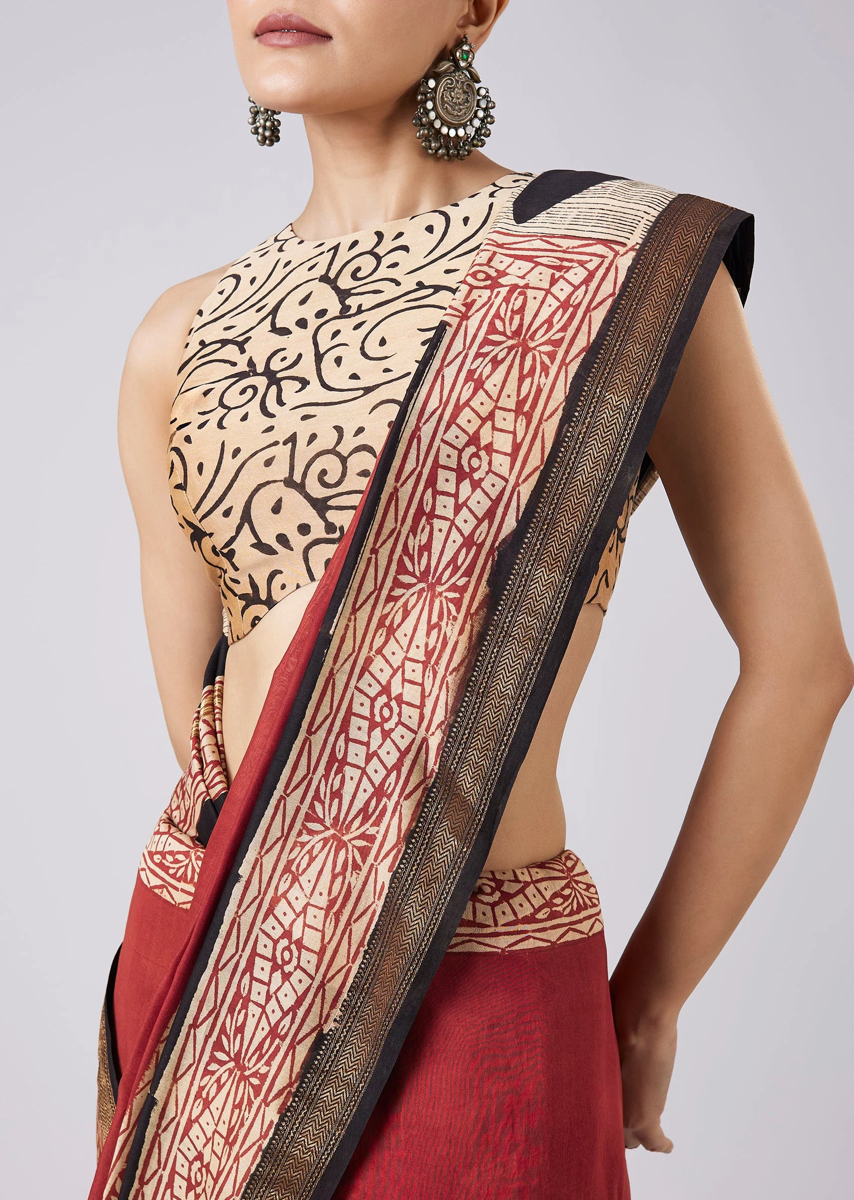 Red Geometric Block Printed Saree with Unstitched Blouse