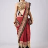 Red Geometric Block Printed Saree with Unstitched Blouse