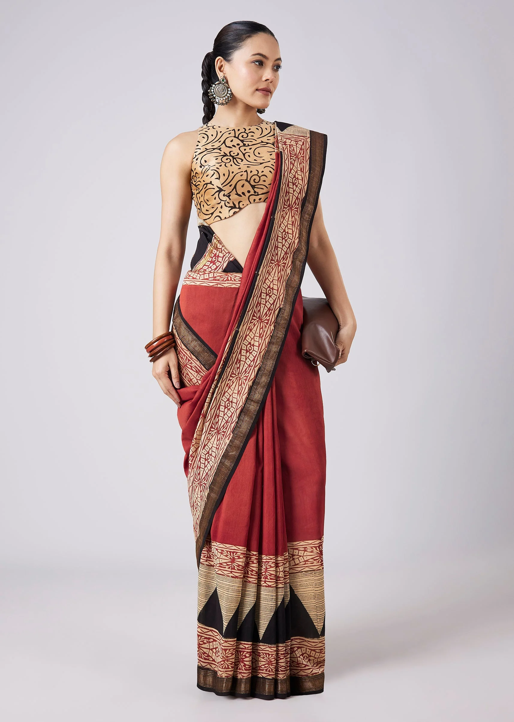 Red Geometric Block Printed Saree with Unstitched Blouse