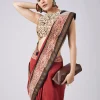 Red Geometric Block Printed Saree with Unstitched Blouse