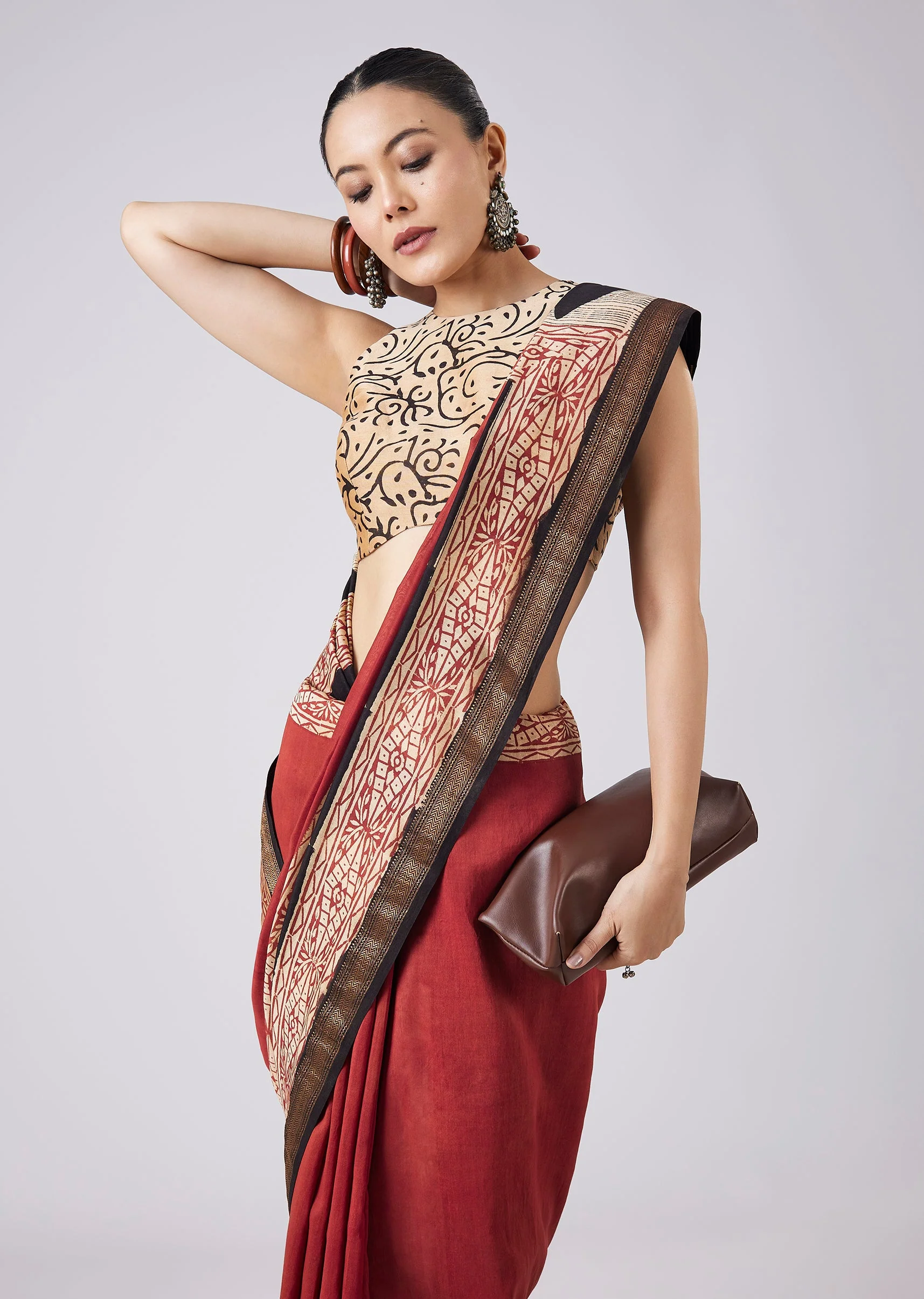 Red Geometric Block Printed Saree with Unstitched Blouse