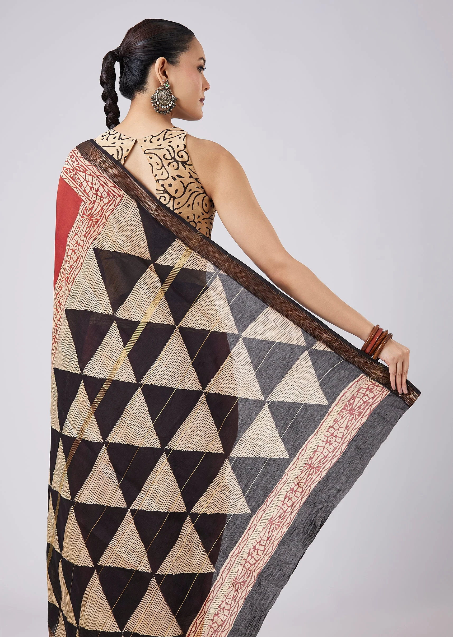 Red Geometric Block Printed Saree with Unstitched Blouse