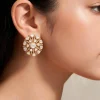 Antique Gold Toned Polki Floral Stud Earrings