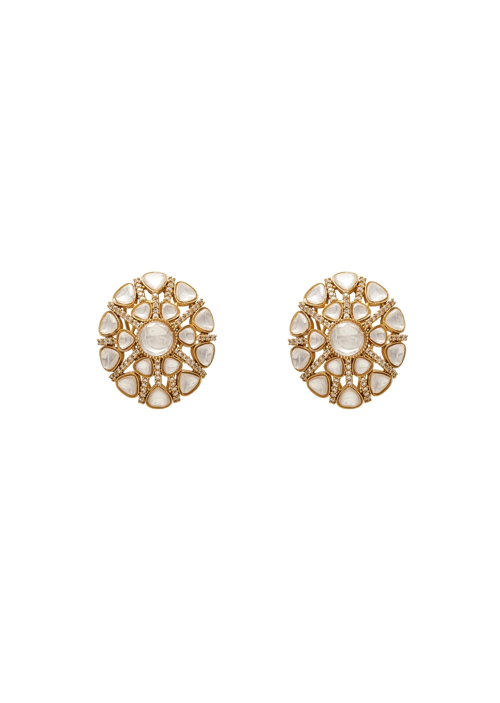 Antique Gold Toned Polki Floral Stud Earrings