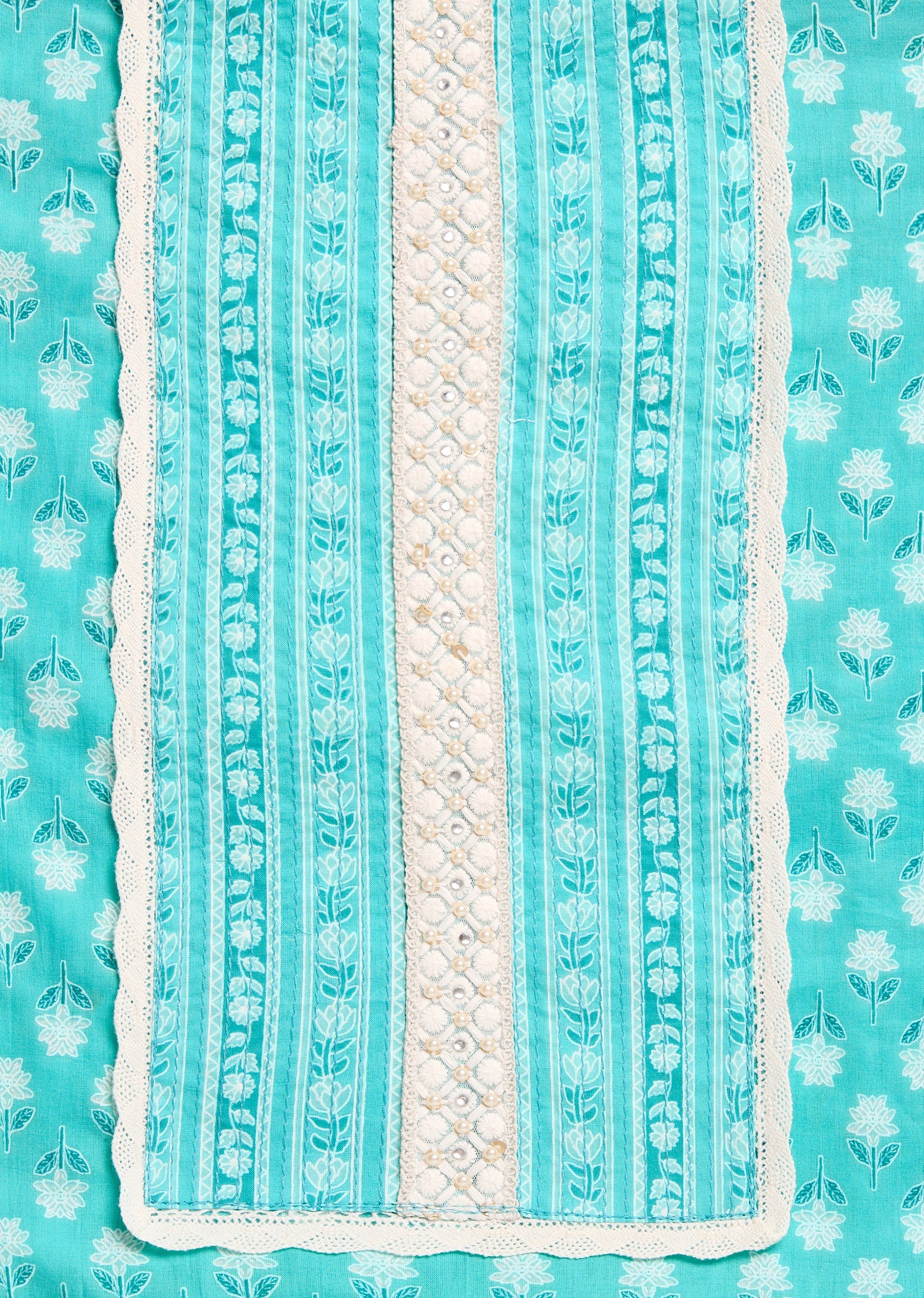 Aqua Blue Cotton Unstitched Suit With Dupatta