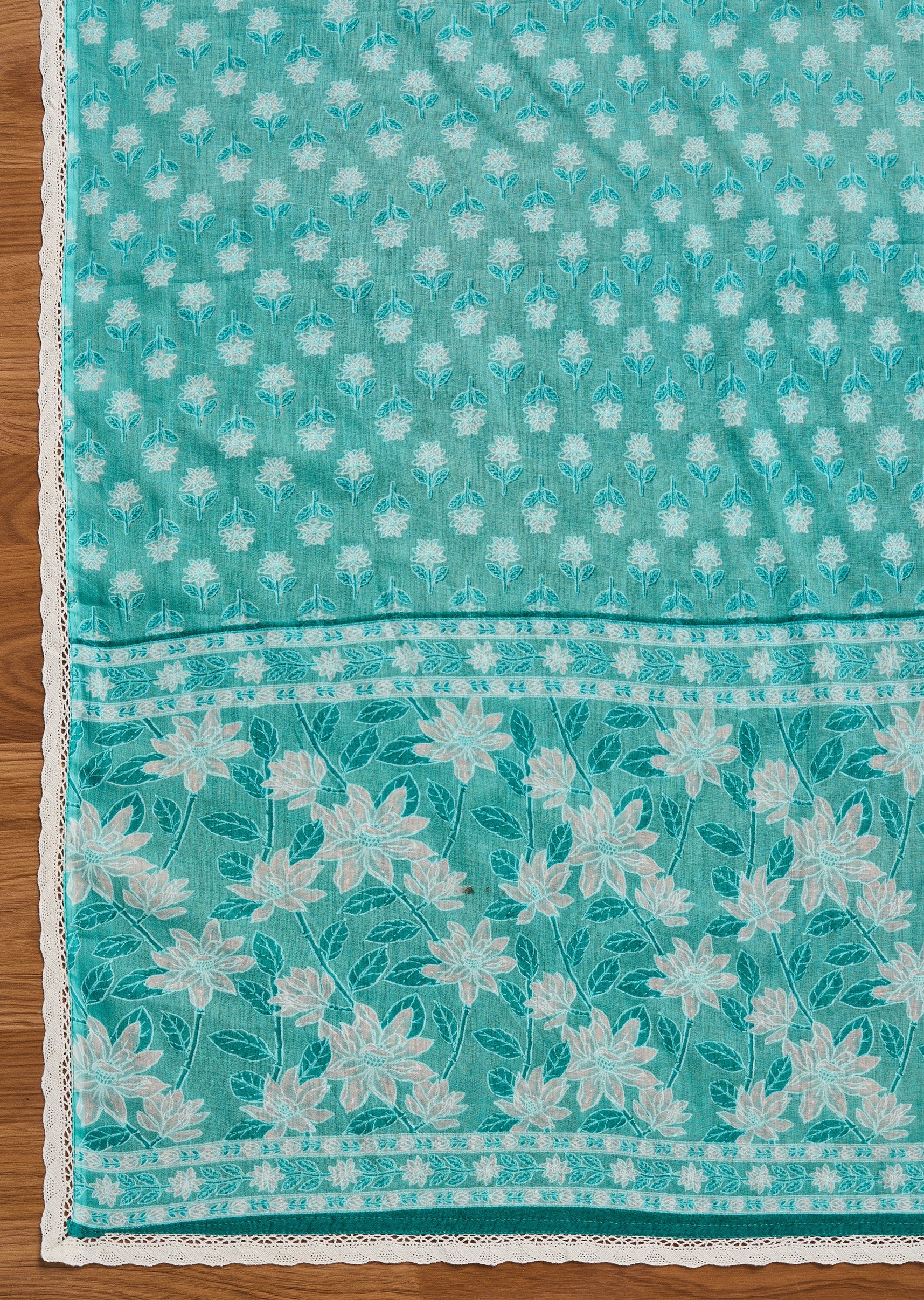 Aqua Blue Cotton Unstitched Suit With Dupatta