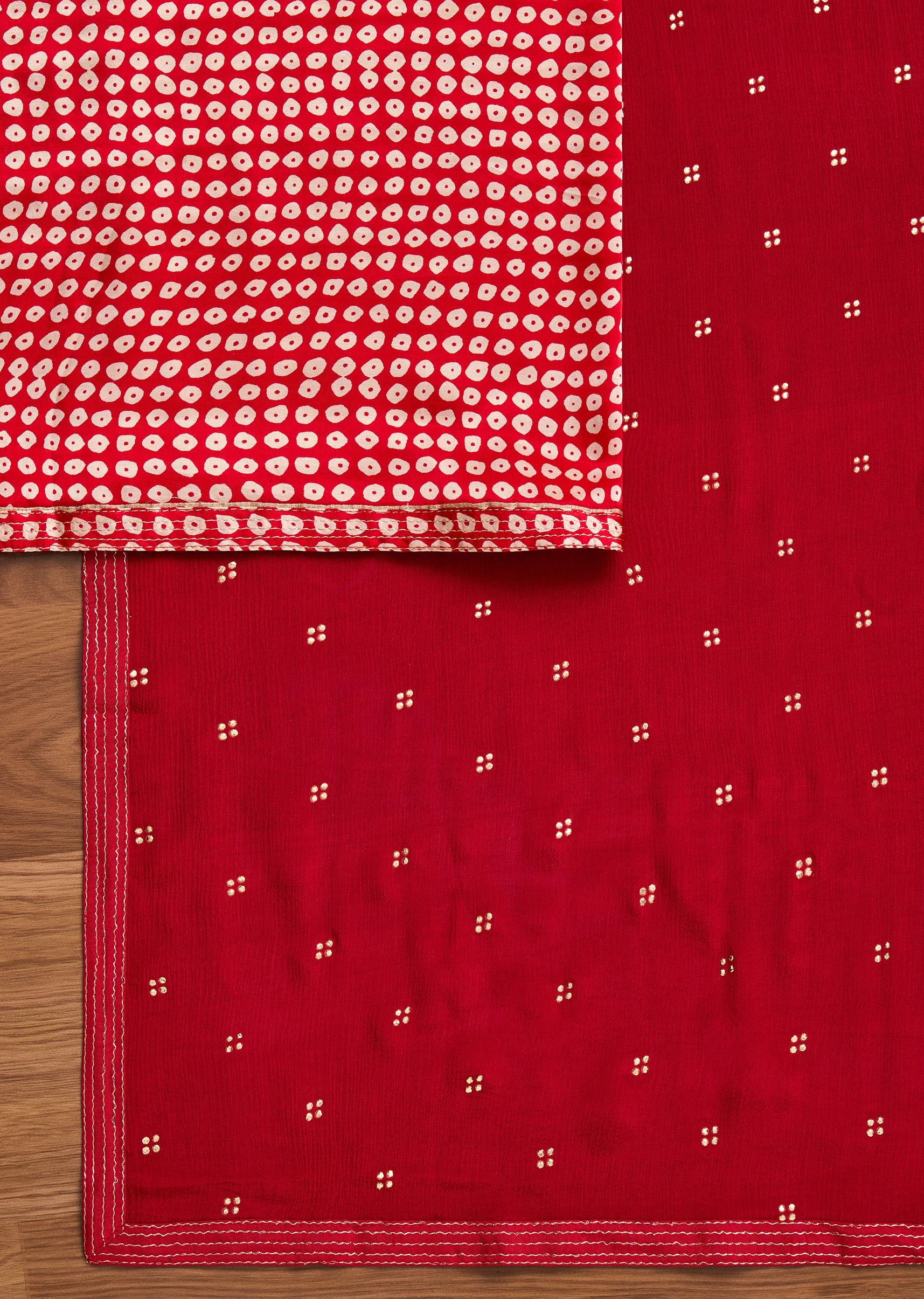 Red Satin Printed Unstitched Suit With Dupatta and Bottom Fabric
