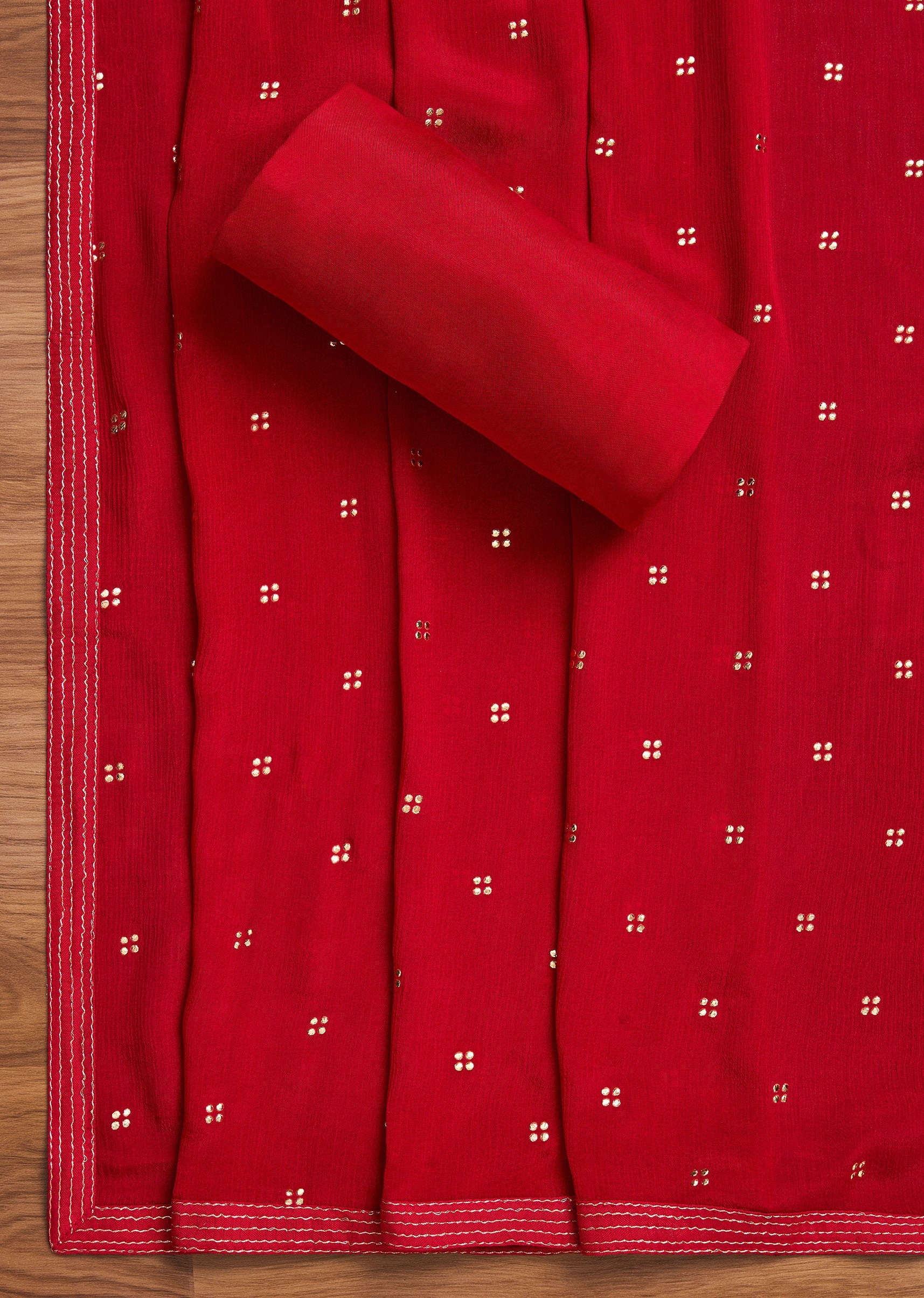 Red Satin Printed Unstitched Suit With Dupatta and Bottom Fabric