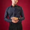 Navy Blue Patchwork Embellished Mens Shirt