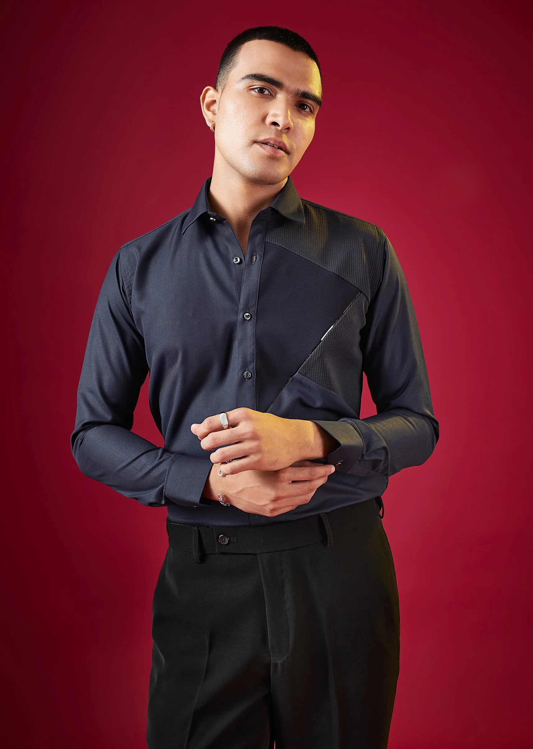 Navy Blue Patchwork Embellished Mens Shirt