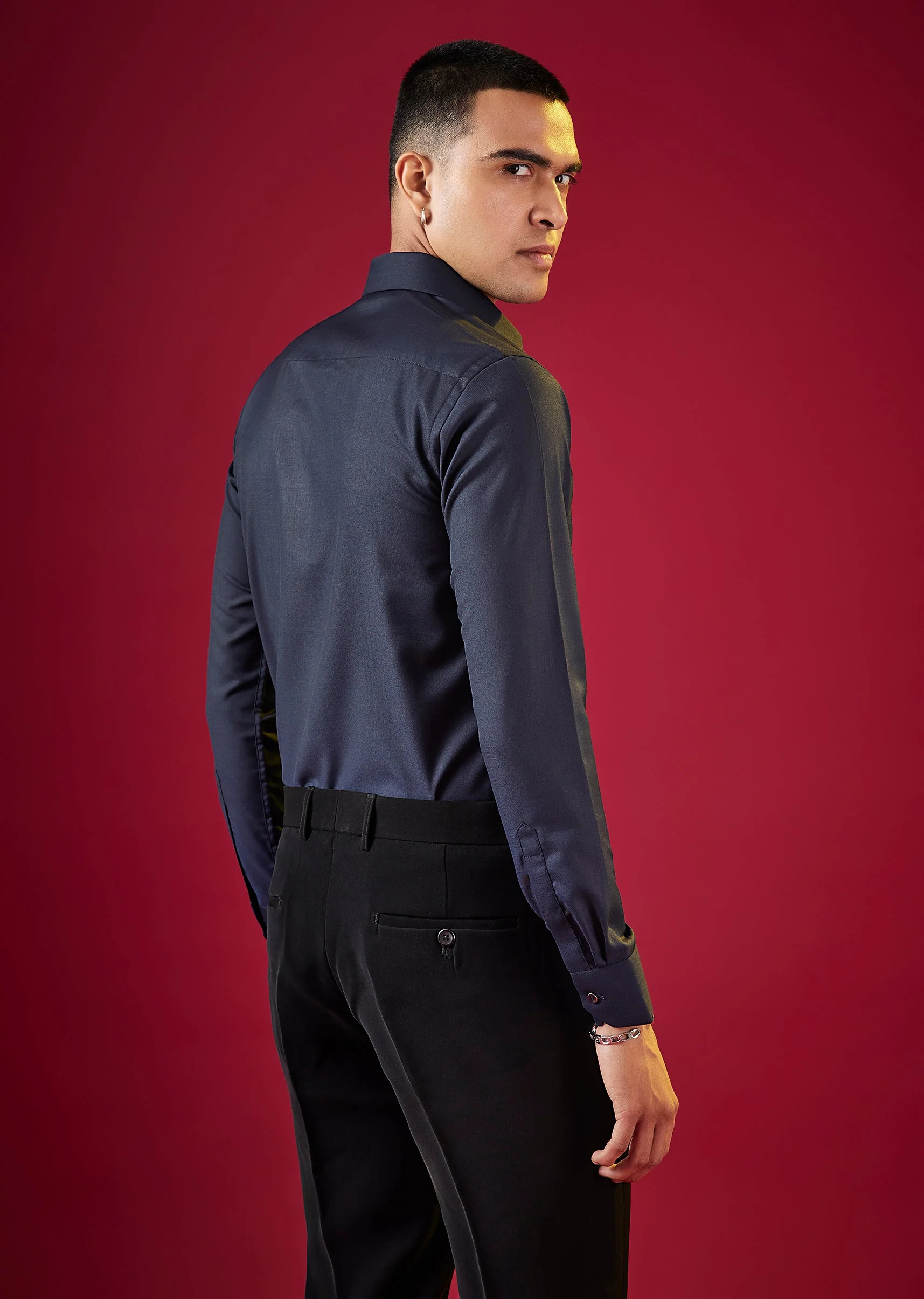 Navy Blue Patchwork Embellished Mens Shirt