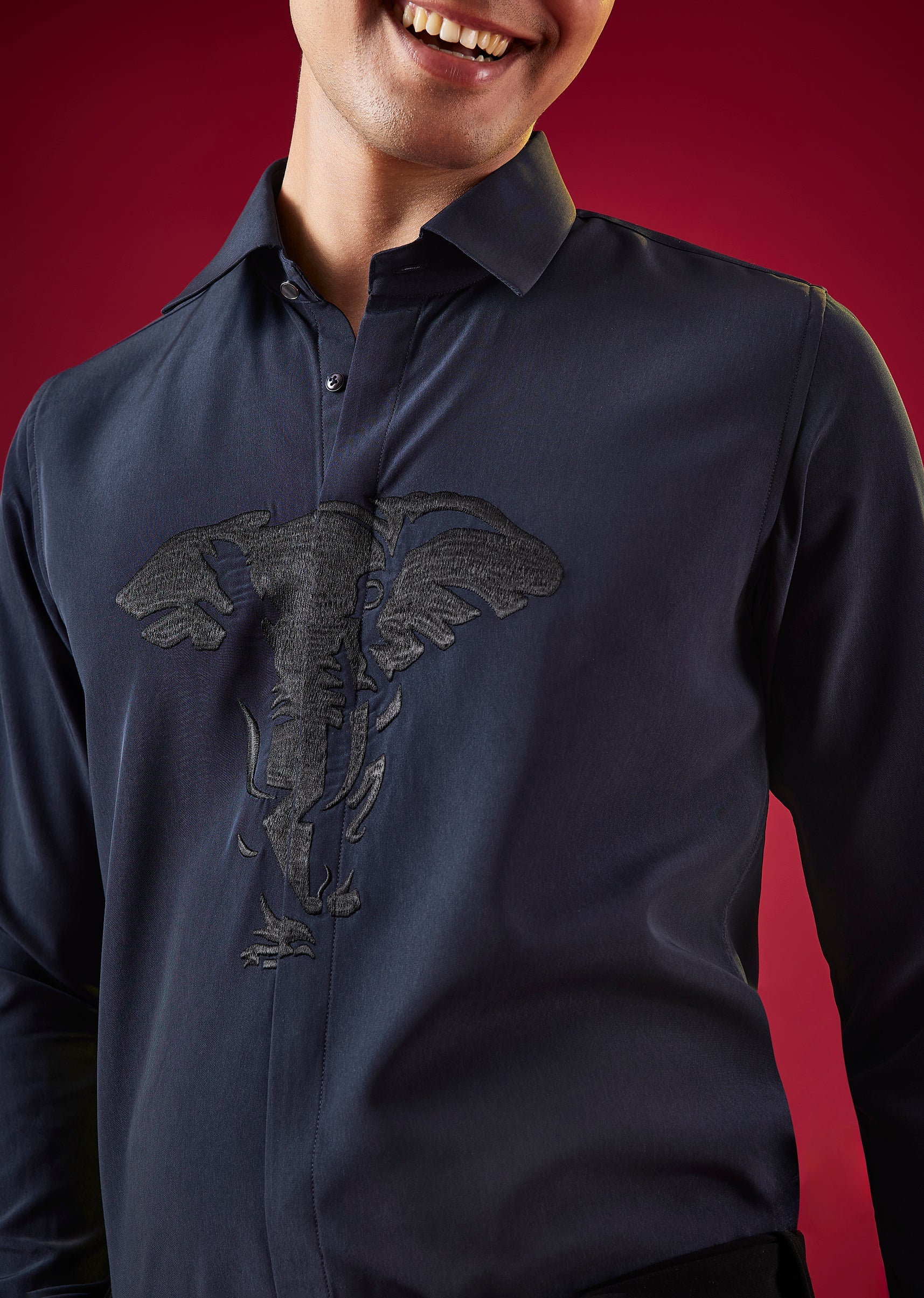 Navy Blue Viscose Thread Resham Embroidered Mens Shirt