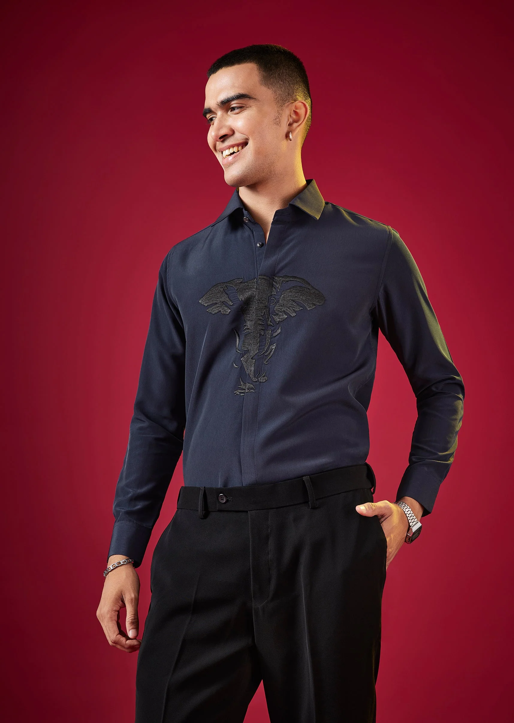 Navy Blue Viscose Thread Resham Embroidered Mens Shirt