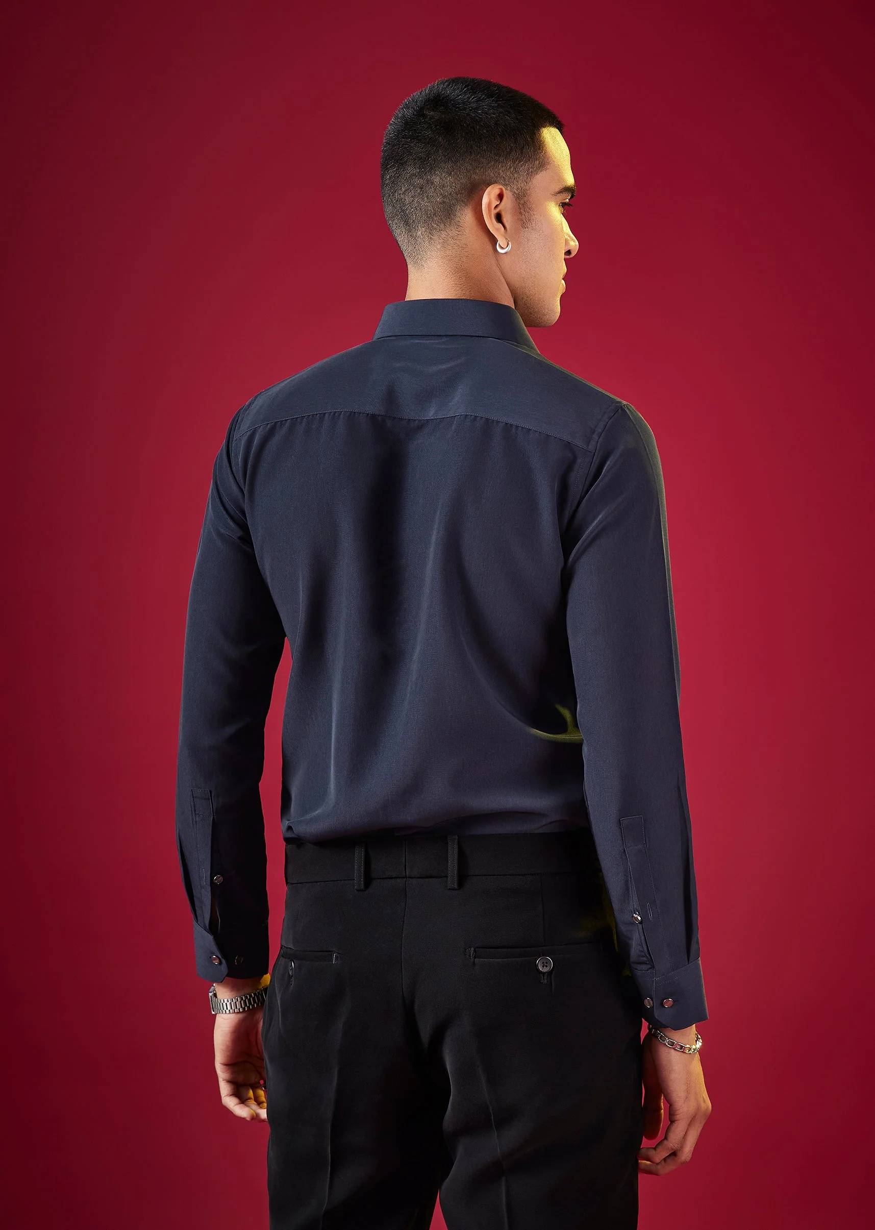 Navy Blue Viscose Thread Resham Embroidered Mens Shirt
