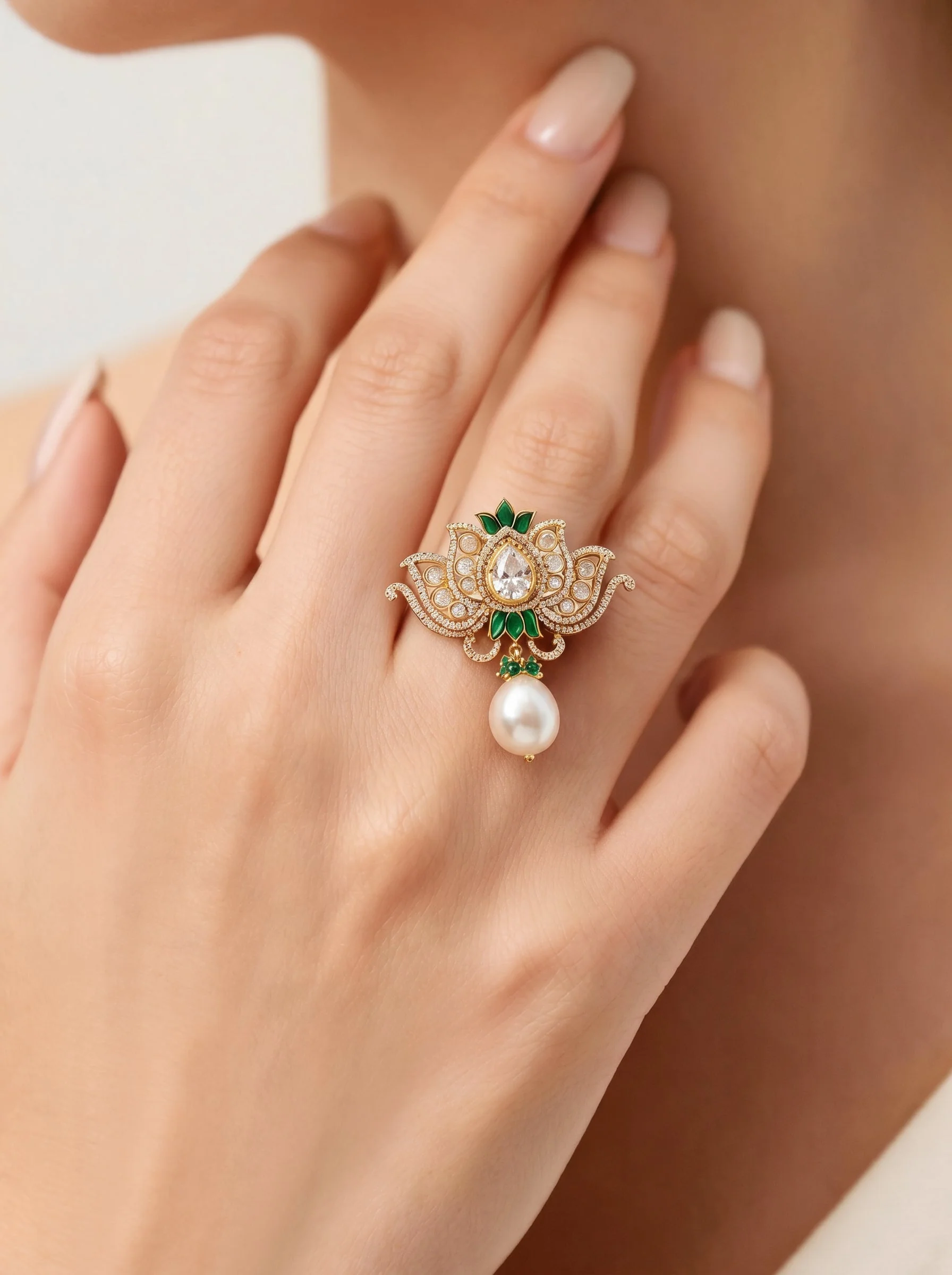 Green Floral Kundan Polki Ring