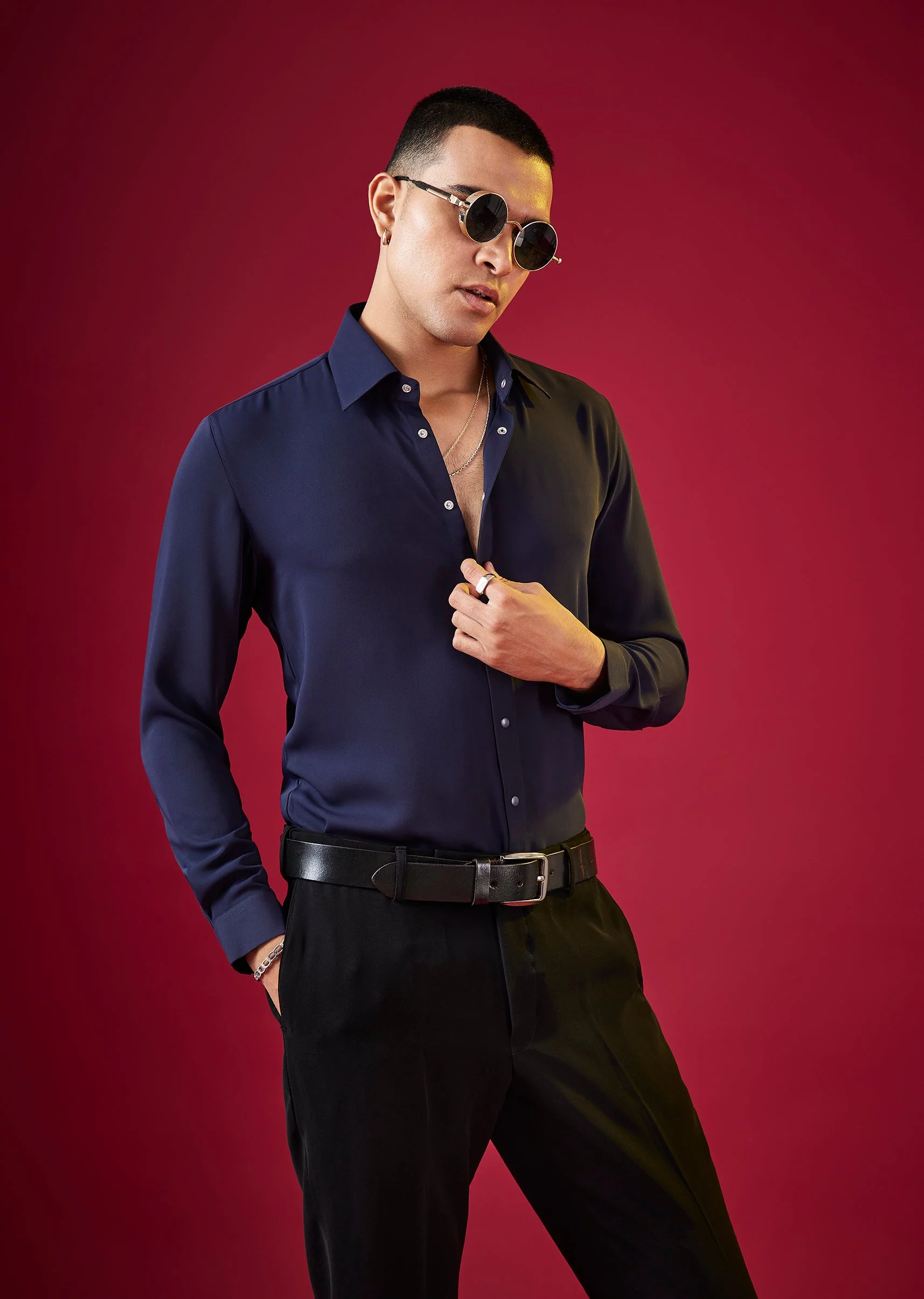 Navy Blue Viscose Button Front Mens Shirt