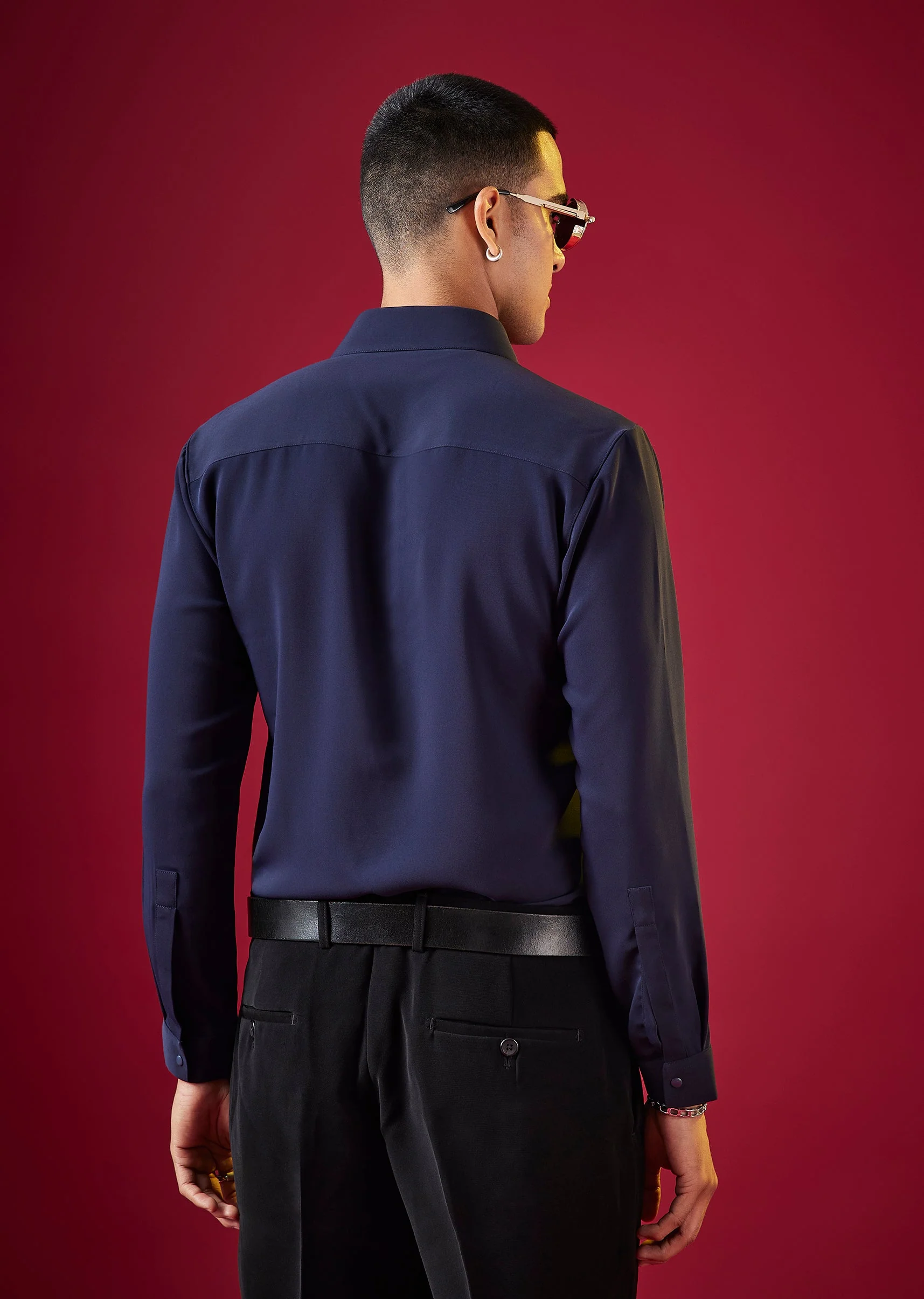 Navy Blue Viscose Button Front Mens Shirt
