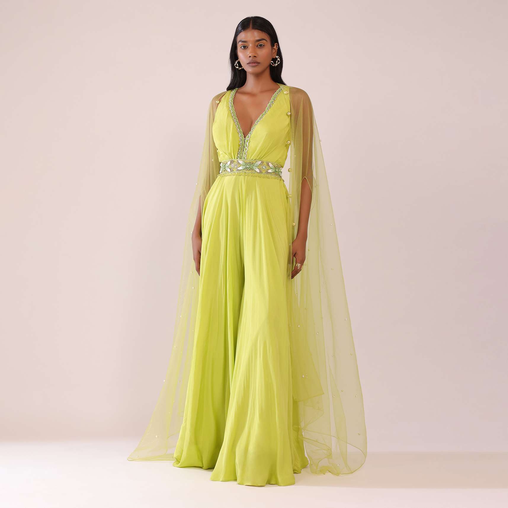 Sheen Green Crepe Jumpsuit And Net Shrug With A Crystal Bead Embroidered Belt
