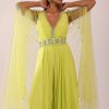 Sheen Green Crepe Jumpsuit And Net Shrug With A Crystal Bead Embroidered Belt