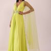 Sheen Green Crepe Jumpsuit And Net Shrug With A Crystal Bead Embroidered Belt