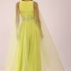 Sheen Green Crepe Jumpsuit And Net Shrug With A Crystal Bead Embroidered Belt
