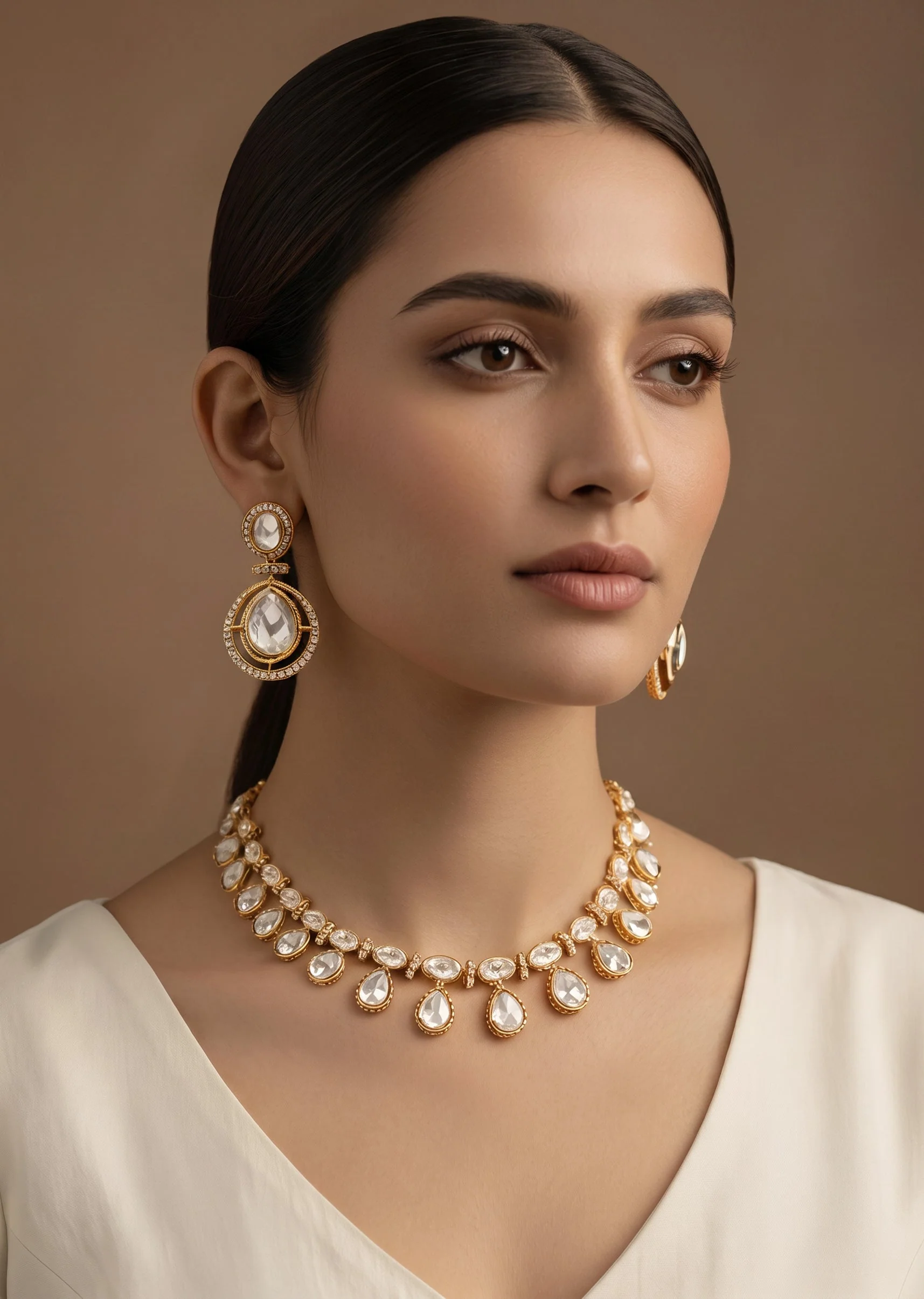 Gold Toned Polki Pearl Drop Necklace Set