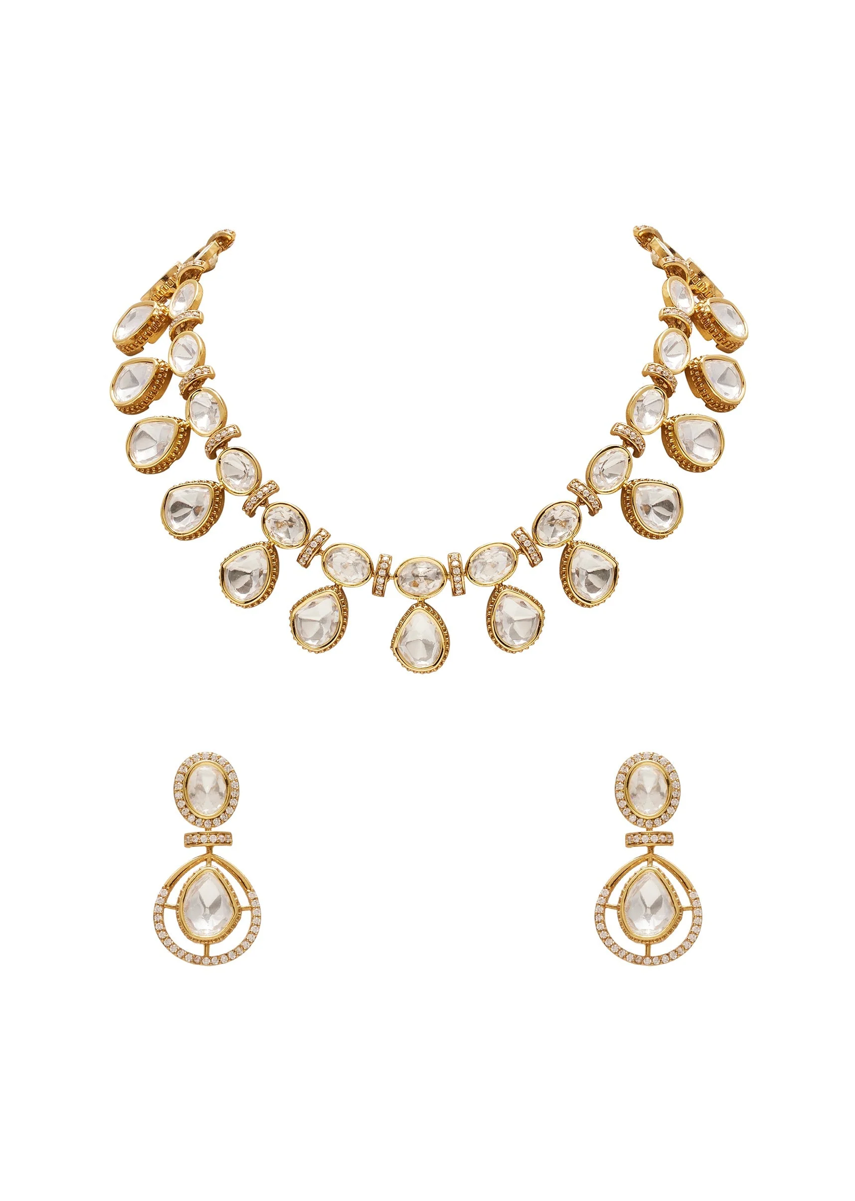 Gold Toned Polki Pearl Drop Necklace Set