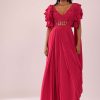 Rani Pink Stitched Drape Saree In Crepe With Tiki And Salli Work