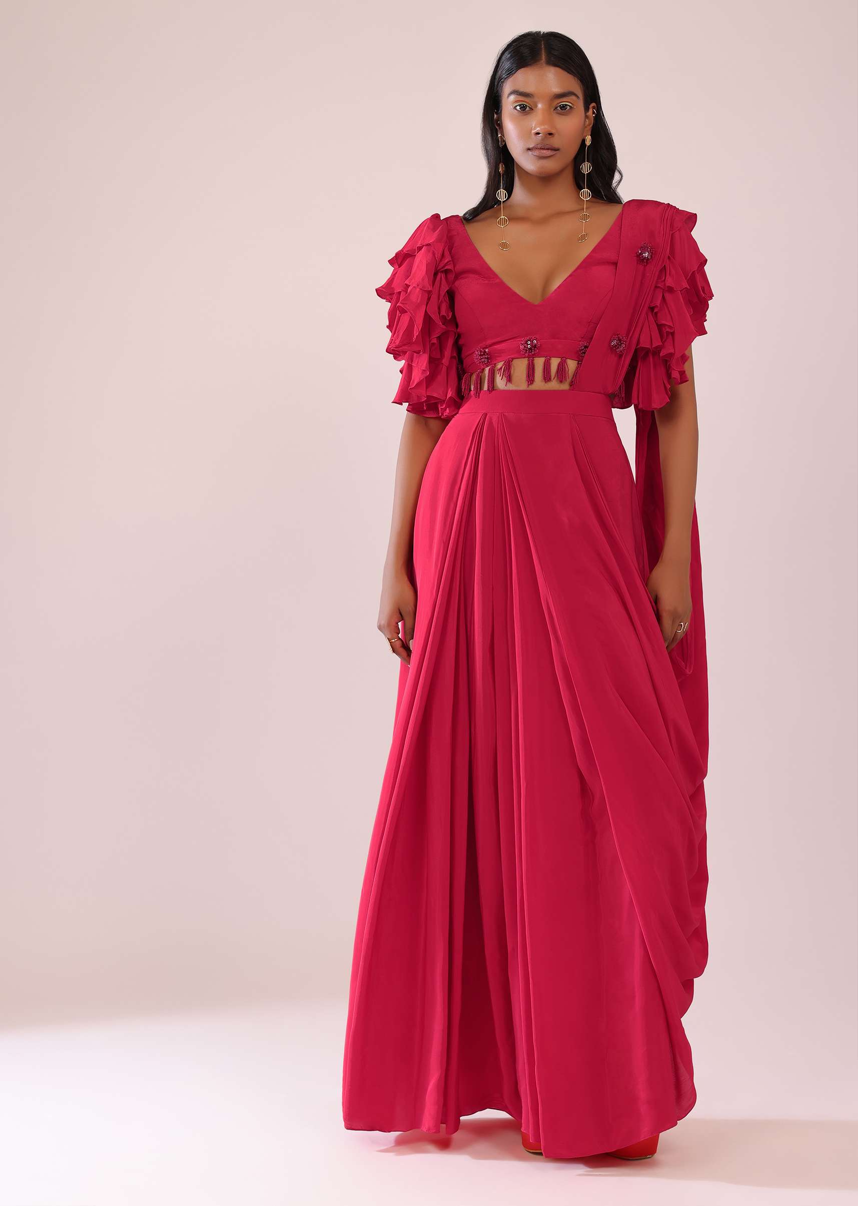 7887-rani-pink-stitched-drape-saree-in-crepe-with-tiki-and-salli-work-1.jpg Rani Pink Stitched Drape Saree In Crepe With Tiki And Salli Work