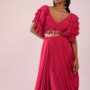 Rani Pink Stitched Drape Saree In Crepe With Tiki And Salli Work