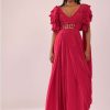 Rani Pink Stitched Drape Saree In Crepe With Tiki And Salli Work