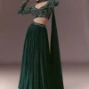 Green Ruched Frill Lehenga Set With Choker Dupatta