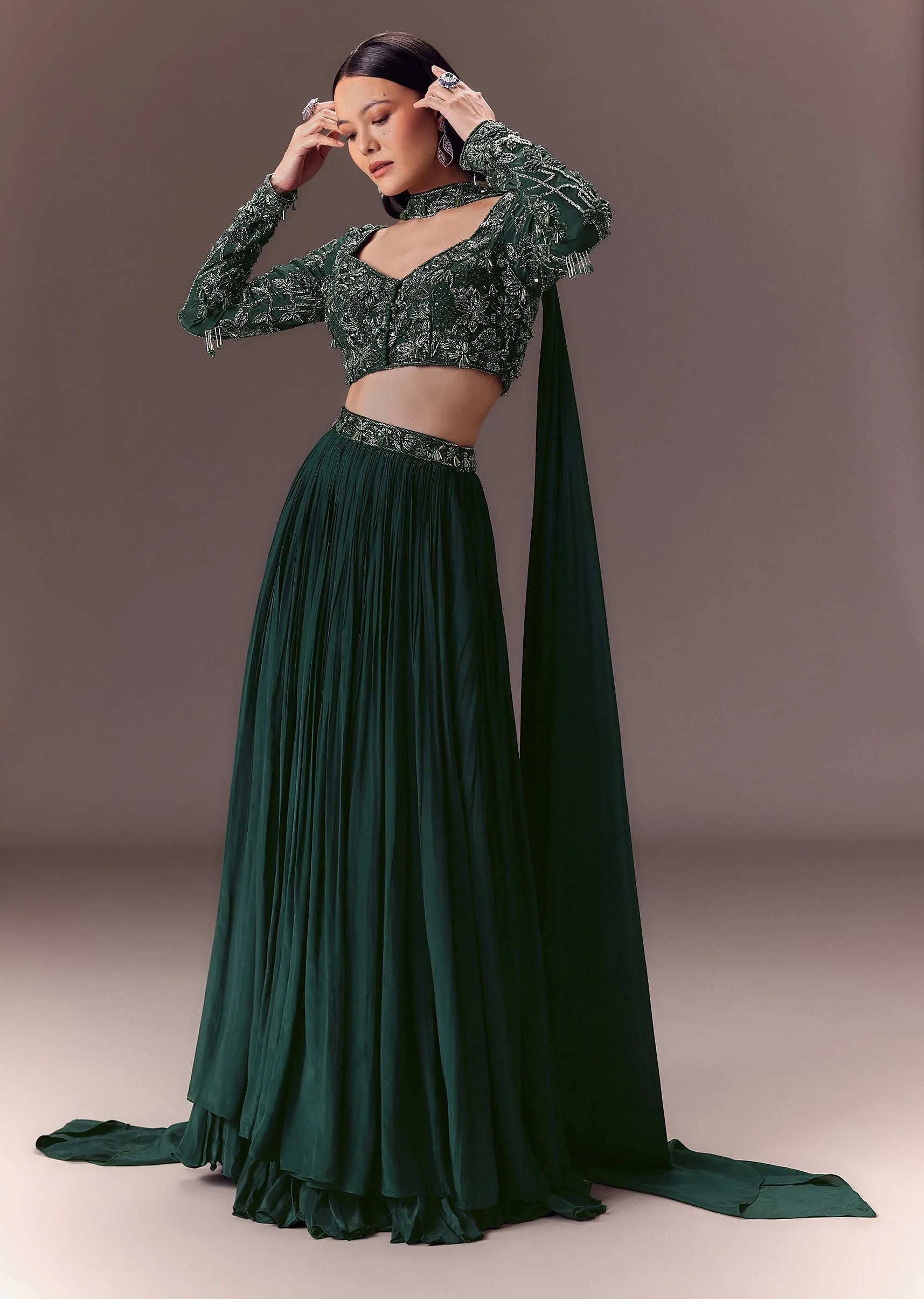 79-green-ruched-frill-lehenga-set-with-choker-dupatta-1.webp Green Ruched Frill Lehenga Set With Choker Dupatta