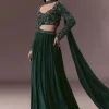 Green Ruched Frill Lehenga Set With Choker Dupatta
