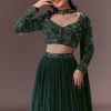 Green Ruched Frill Lehenga Set With Choker Dupatta