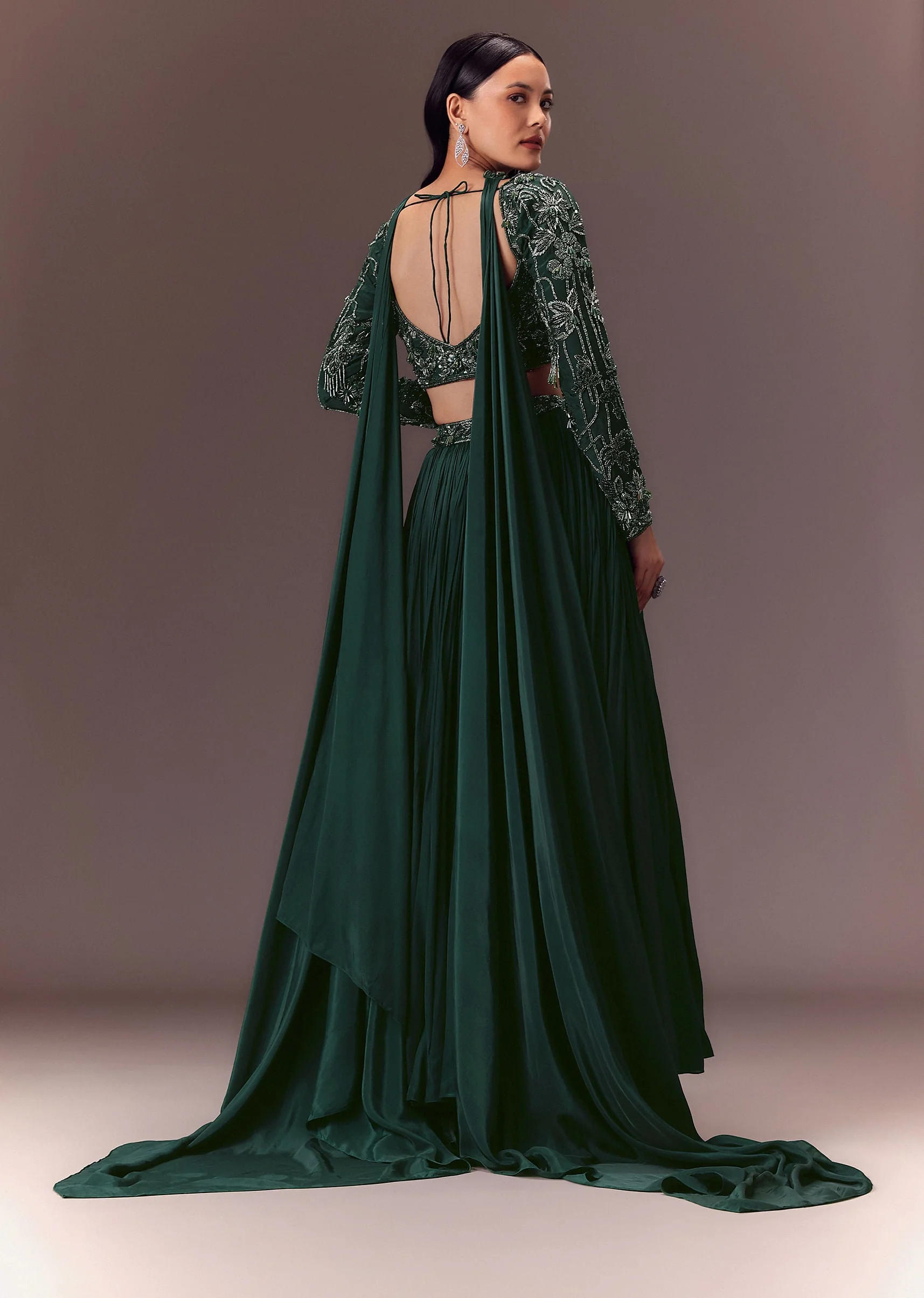Green Ruched Frill Lehenga Set With Choker Dupatta