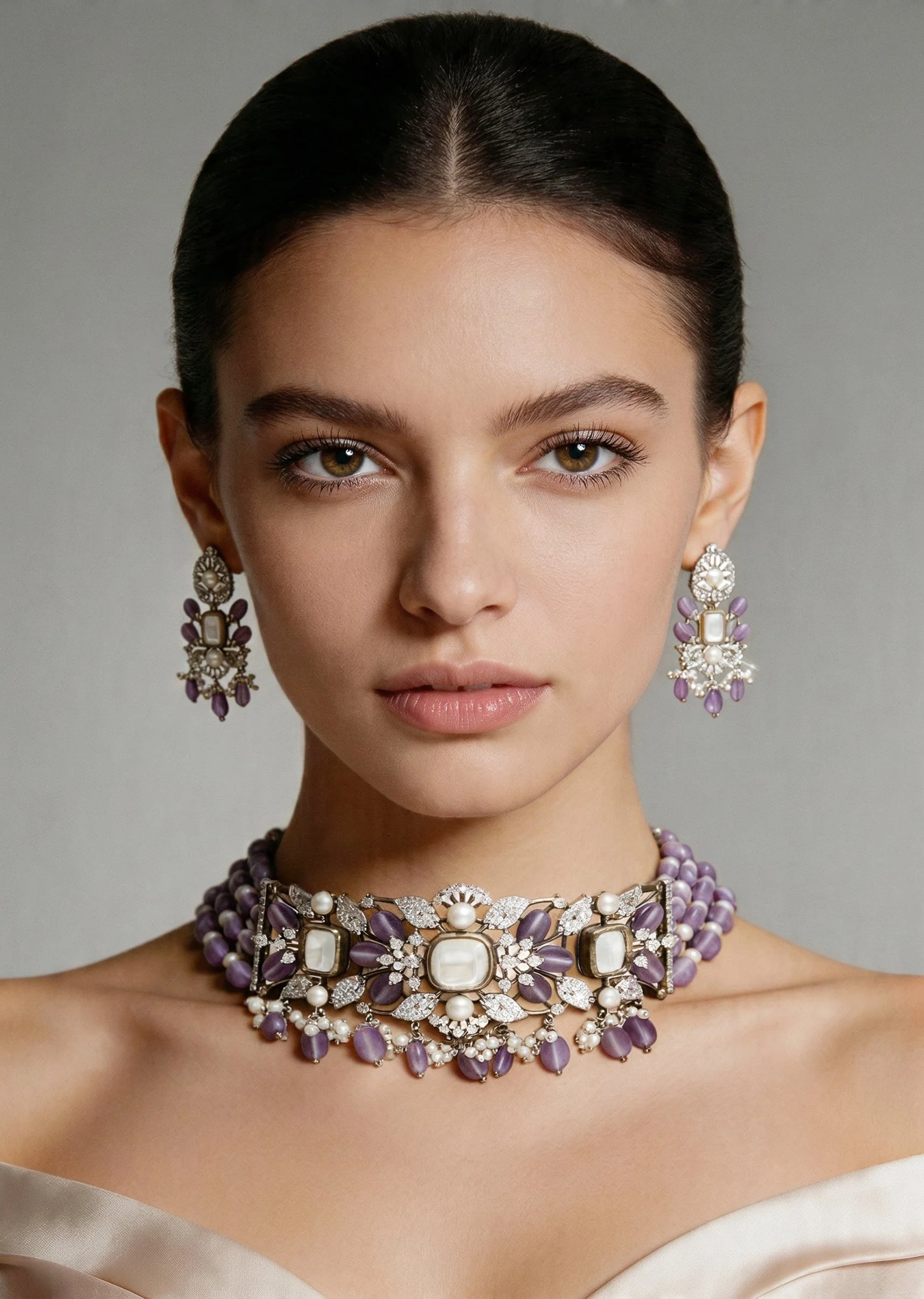 Purple Crystal Choker Necklace Set