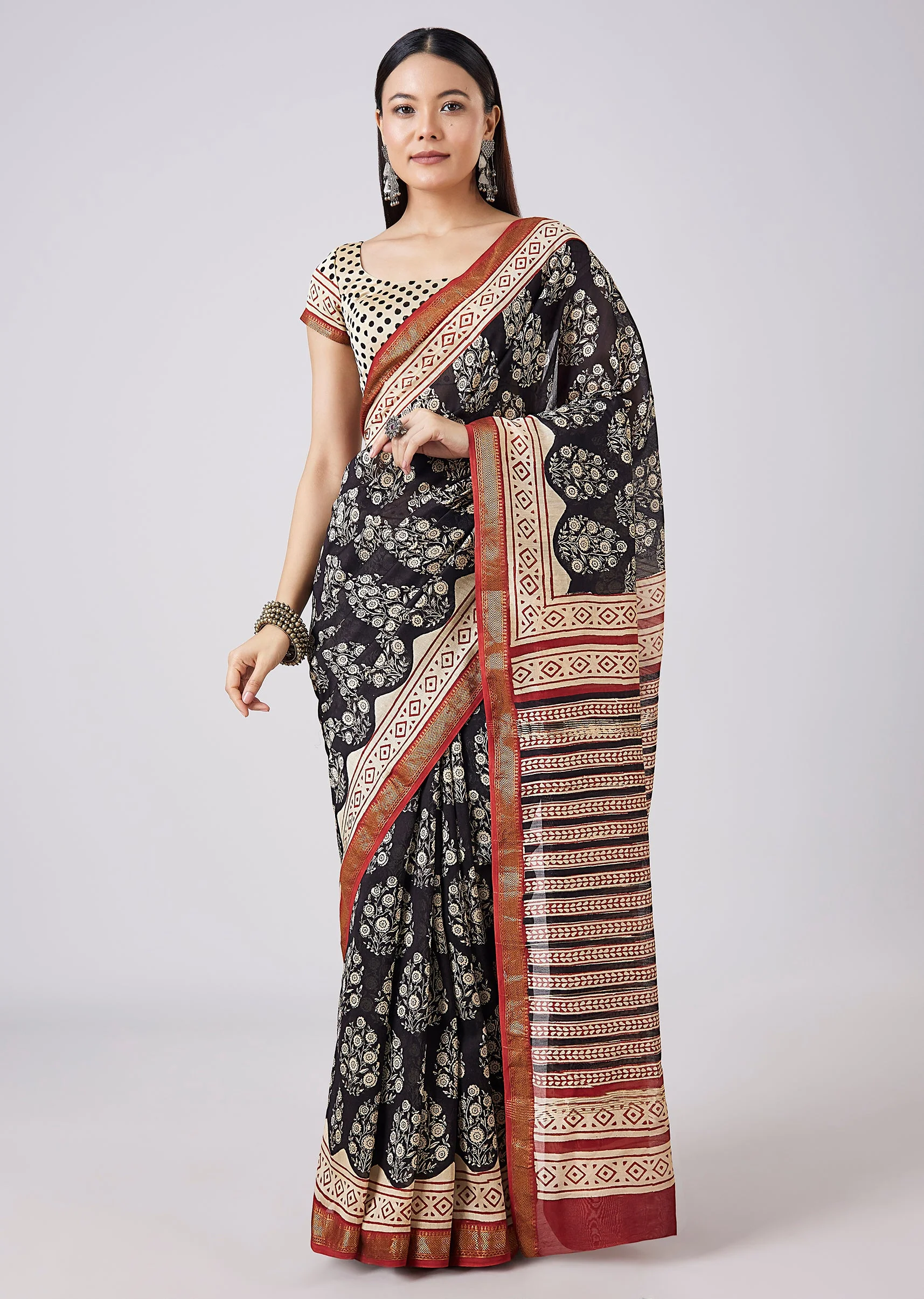 Brown Hand Painted Floral Motif Saree with Blouse