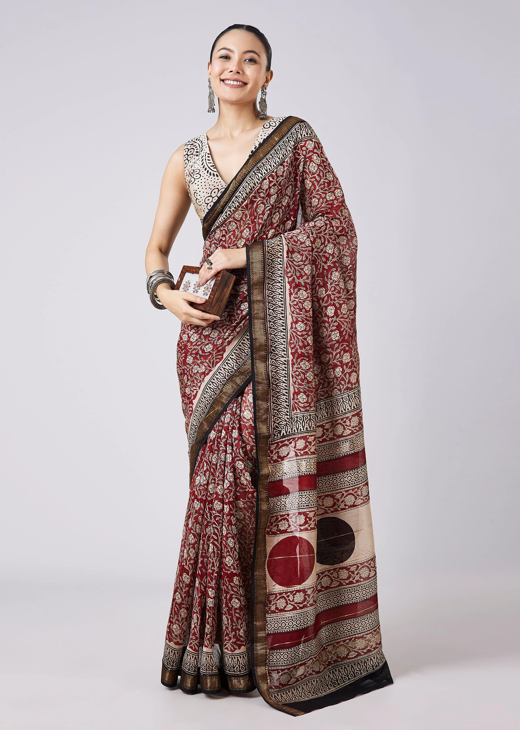 Maroon Printed Saree with Unstitched Blouse