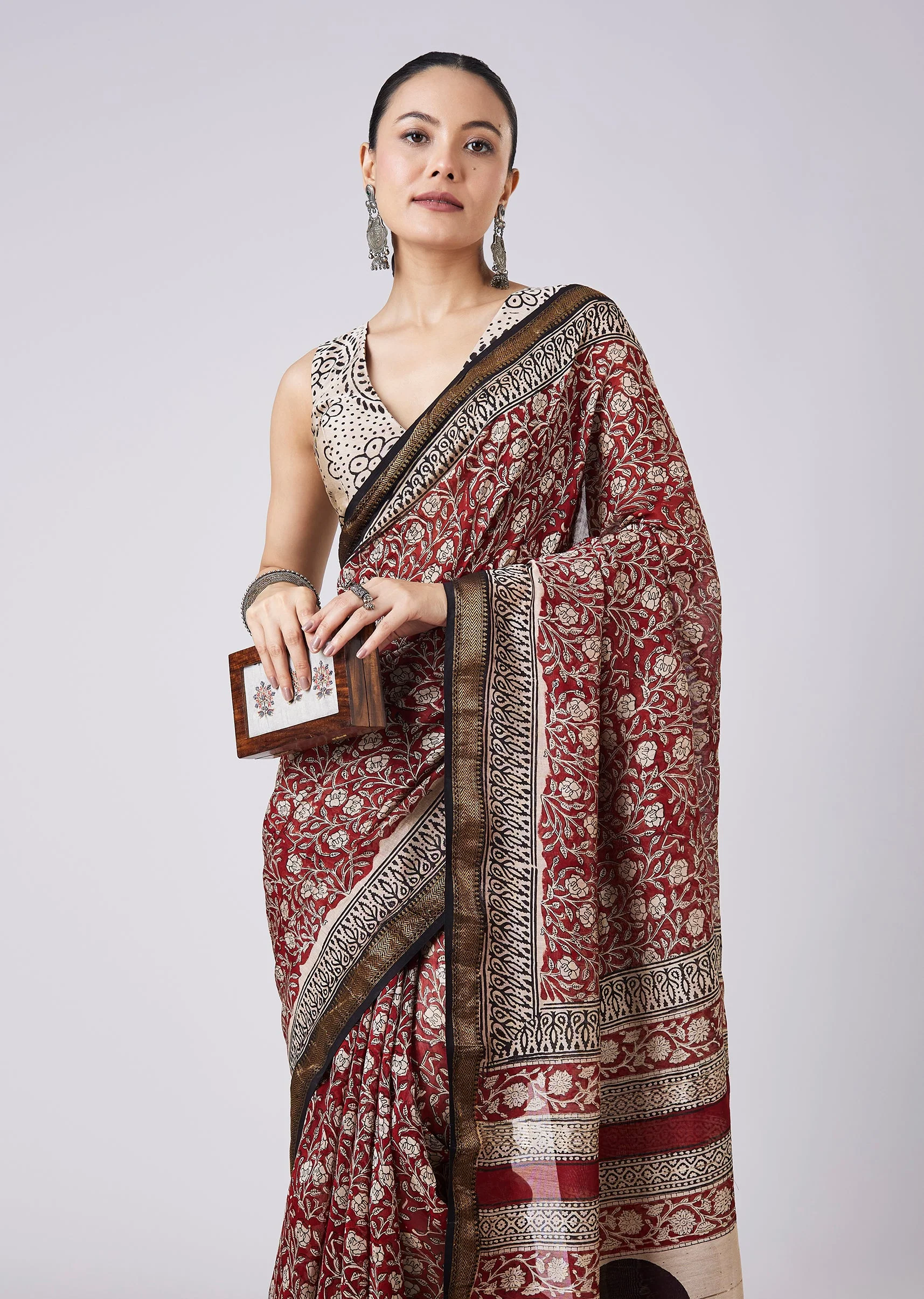Maroon Printed Saree with Unstitched Blouse
